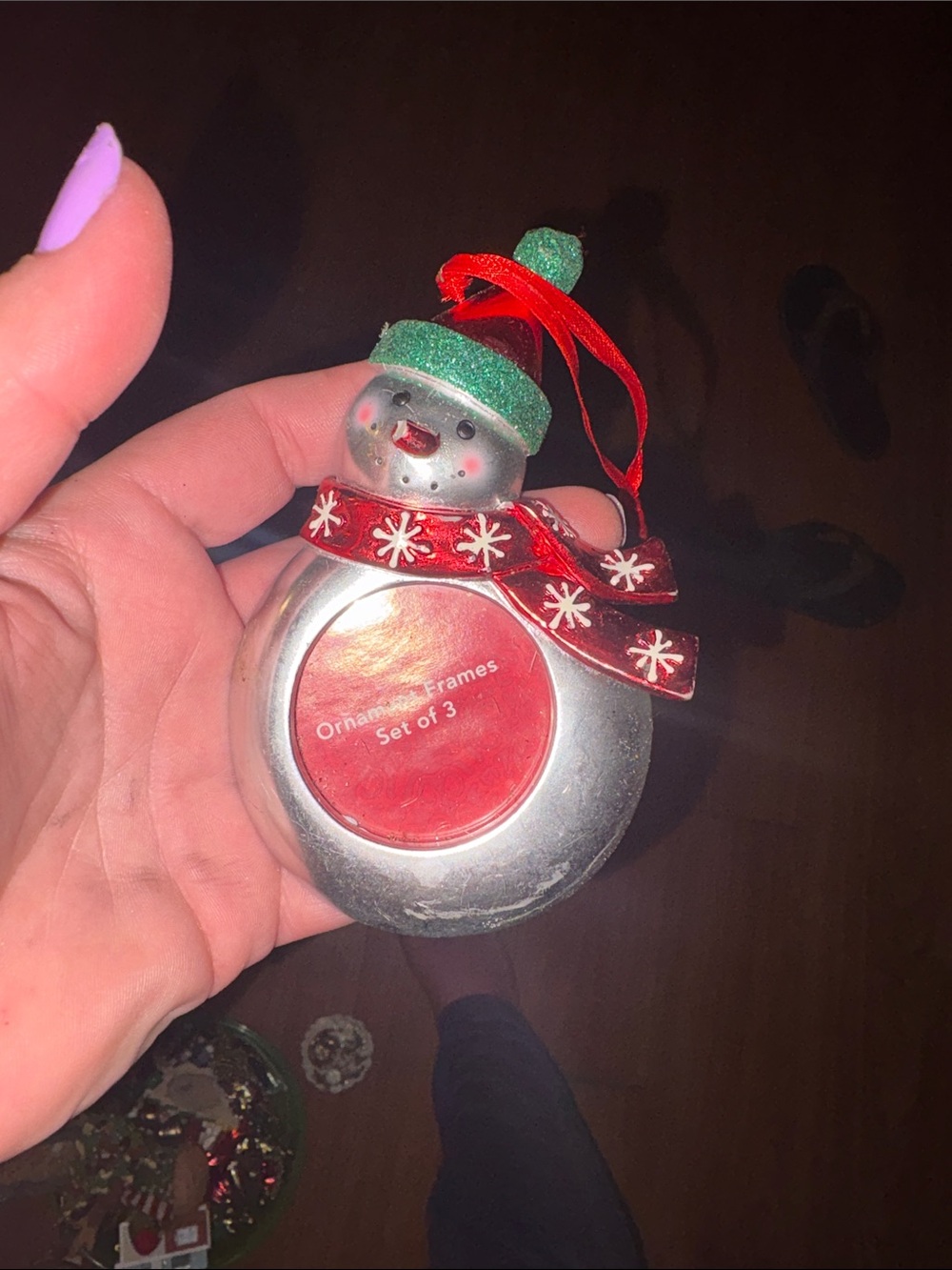 Holiday Snowman Photo Ornament - Silver with Red & Green Accents